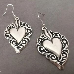 Silver Heart Drop Pendant Earrings Carved Dangle Charm Filigree Retro Lghtwght